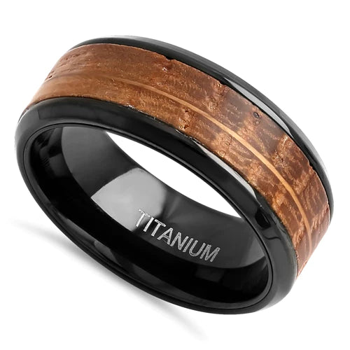 Crafted with a unique Whiskey Barrel wood inlay, this band is an original.

8.0mm titanium band with whiskey barrel wood inlay
Sleek black plating and a high polish finish